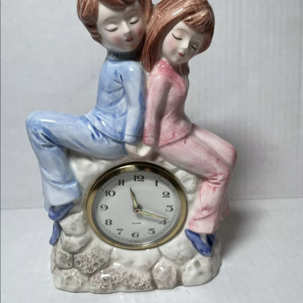 Wind Up Ceramic Alarm Clock Sleeping Boy & Girl Made In Japan VINTAGE
